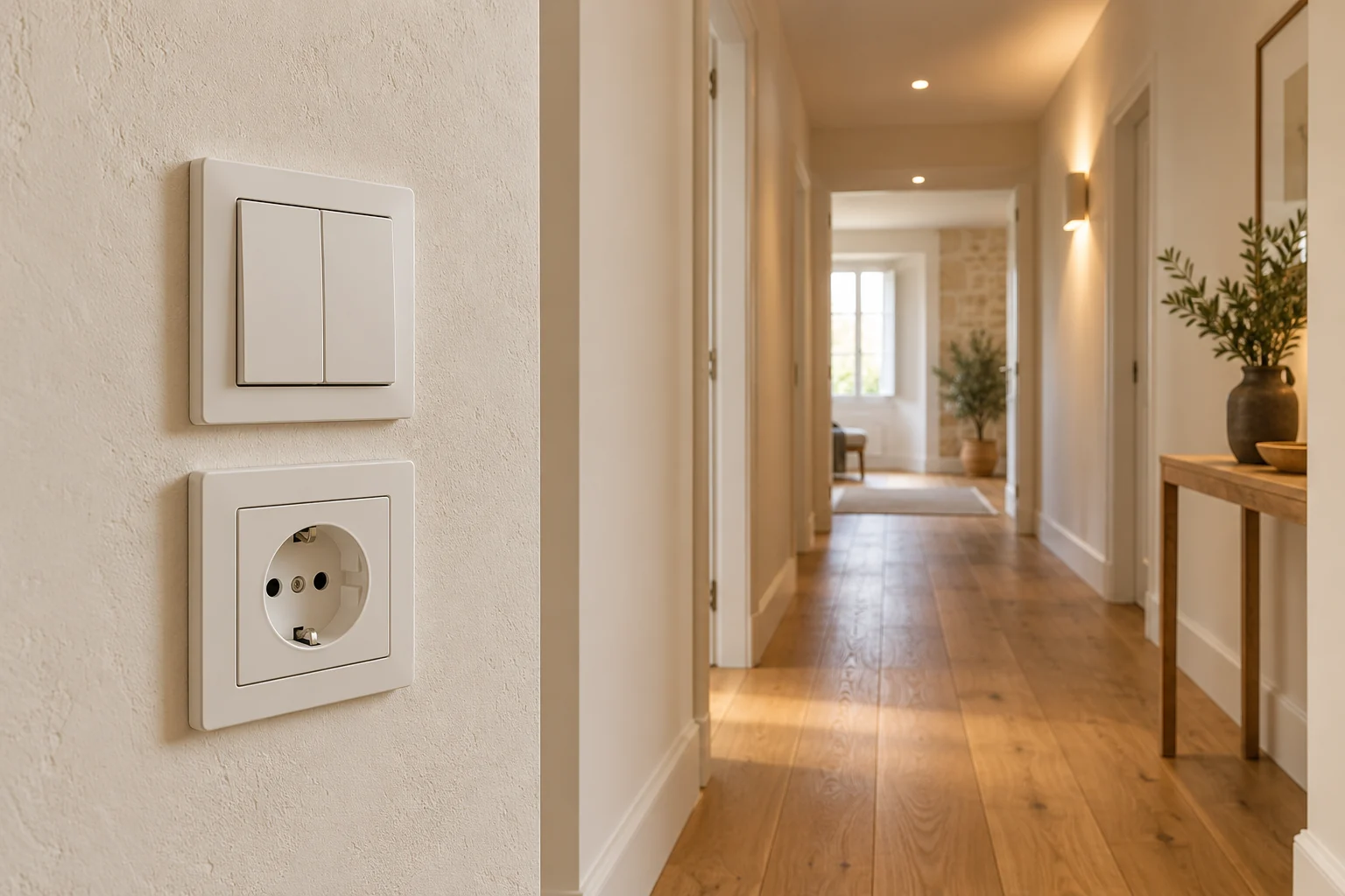 Interruptores, tomada e iluminação num interior renovado